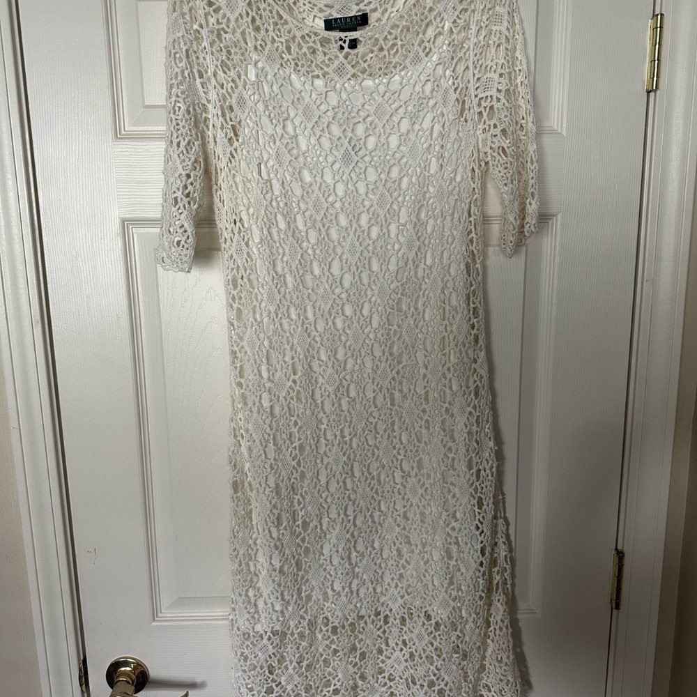 Ralph Lauren Cream Sheath Dress with Flutter Sleeves